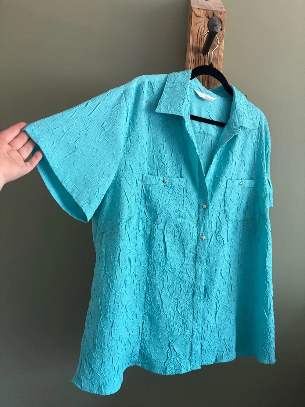 173.) Tradition / Blue / Button Down / Short Sleeve Top - Picture 6 of 8